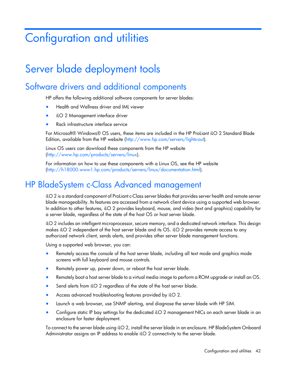 Configuration and utilities, Server blade deployment tools, Software drivers and additional components | Hp bladesystem c-class advanced management | HP ProLiant BL490c G6 Server-Blade User Manual | Page 42 / 100