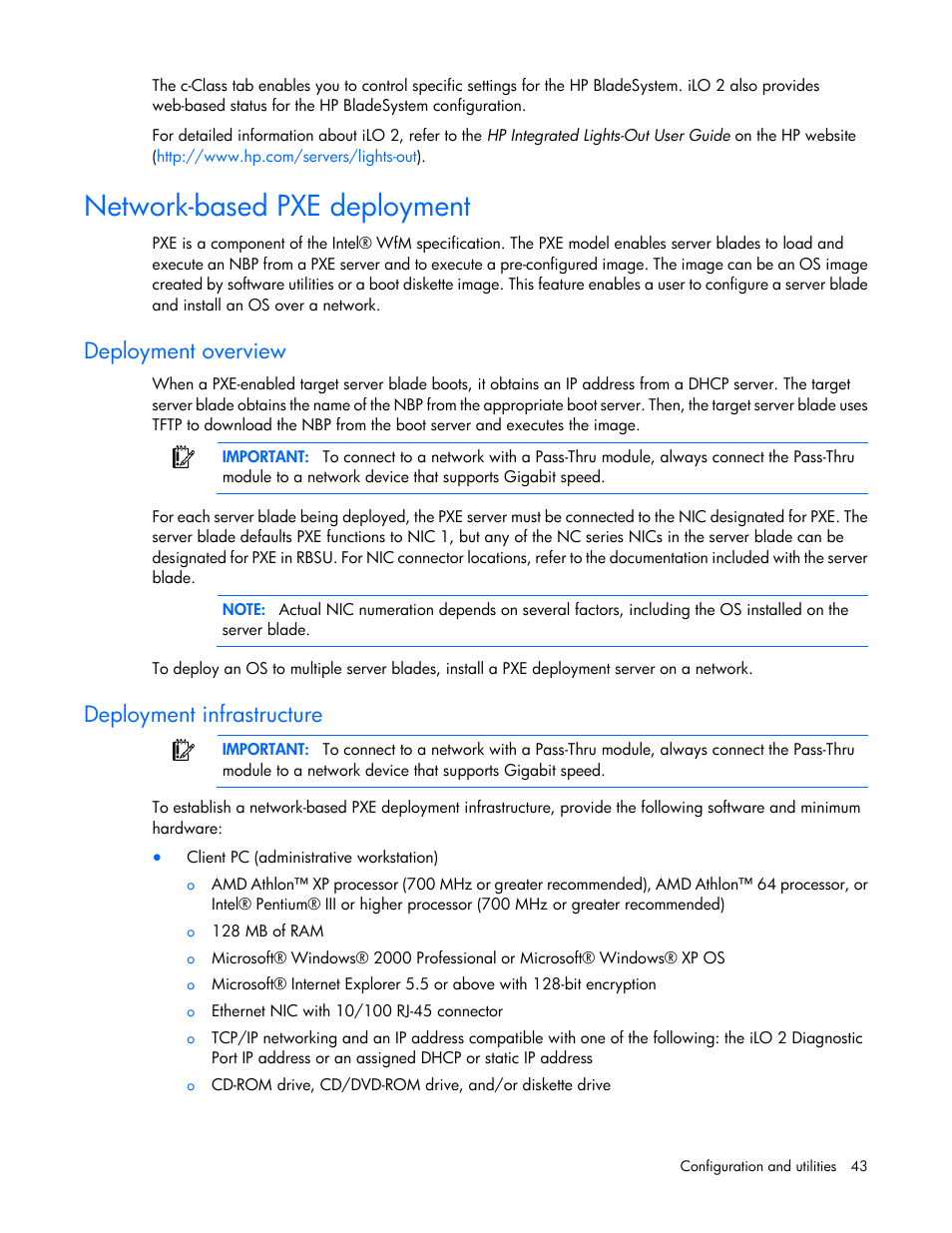 Network-based pxe deployment, Deployment overview, Deployment infrastructure | HP ProLiant BL490c G6 Server-Blade User Manual | Page 43 / 100