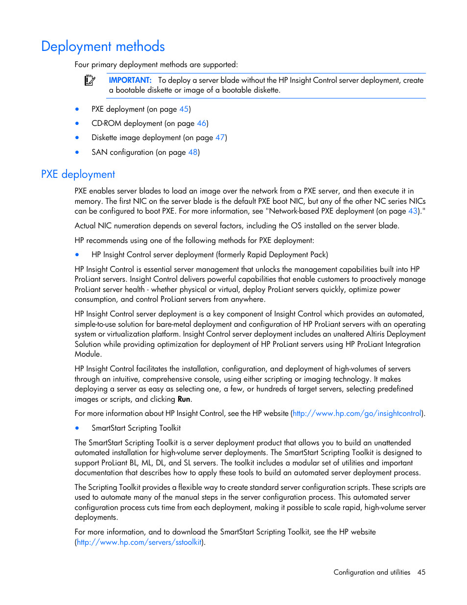 Deployment methods, Pxe deployment | HP ProLiant BL490c G6 Server-Blade User Manual | Page 45 / 100