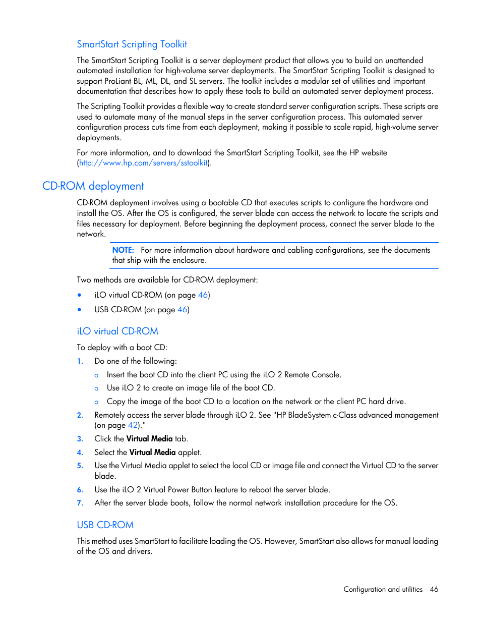 Smartstart scripting toolkit, Cd-rom deployment, Ilo virtual cd-rom | Usb cd-rom | HP ProLiant BL490c G6 Server-Blade User Manual | Page 46 / 100