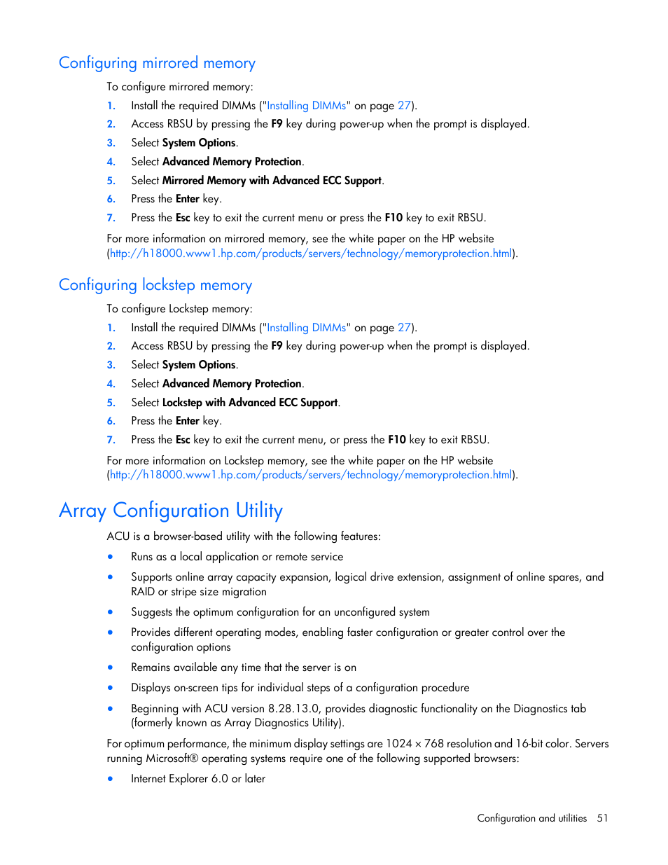 Configuring mirrored memory, Configuring lockstep memory, Array configuration utility | Configuring, Mirrored memory, Lockstep memory | HP ProLiant BL490c G6 Server-Blade User Manual | Page 51 / 100