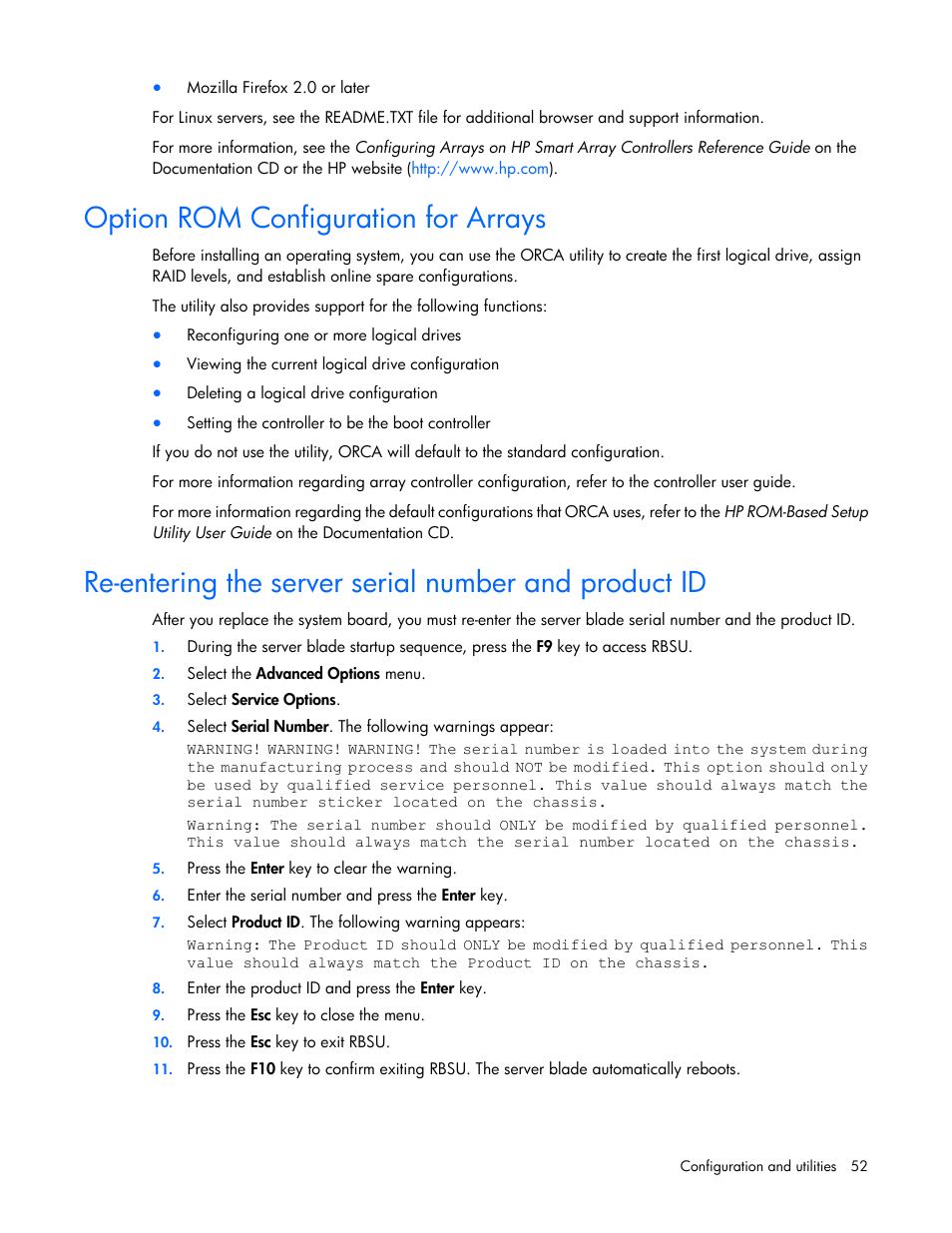 Option rom configuration for arrays | HP ProLiant BL490c G6 Server-Blade User Manual | Page 52 / 100