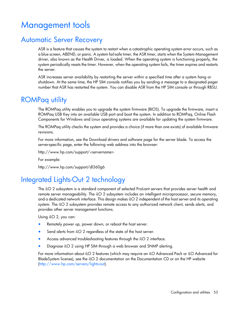 Management tools, Automatic server recovery, Rompaq utility | Integrated lights-out 2 technology | HP ProLiant BL490c G6 Server-Blade User Manual | Page 53 / 100