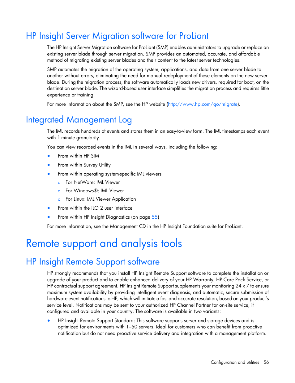 Hp insight server migration software for proliant, Integrated management log, Remote support and analysis tools | Hp insight remote support software | HP ProLiant BL490c G6 Server-Blade User Manual | Page 56 / 100