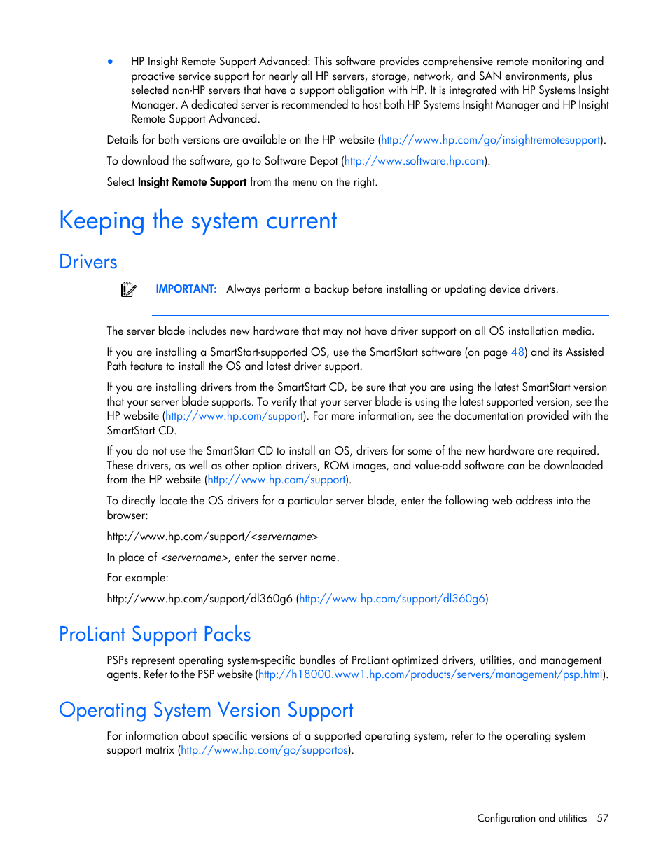 Keeping the system current, Drivers, Proliant support packs | Operating system version support | HP ProLiant BL490c G6 Server-Blade User Manual | Page 57 / 100
