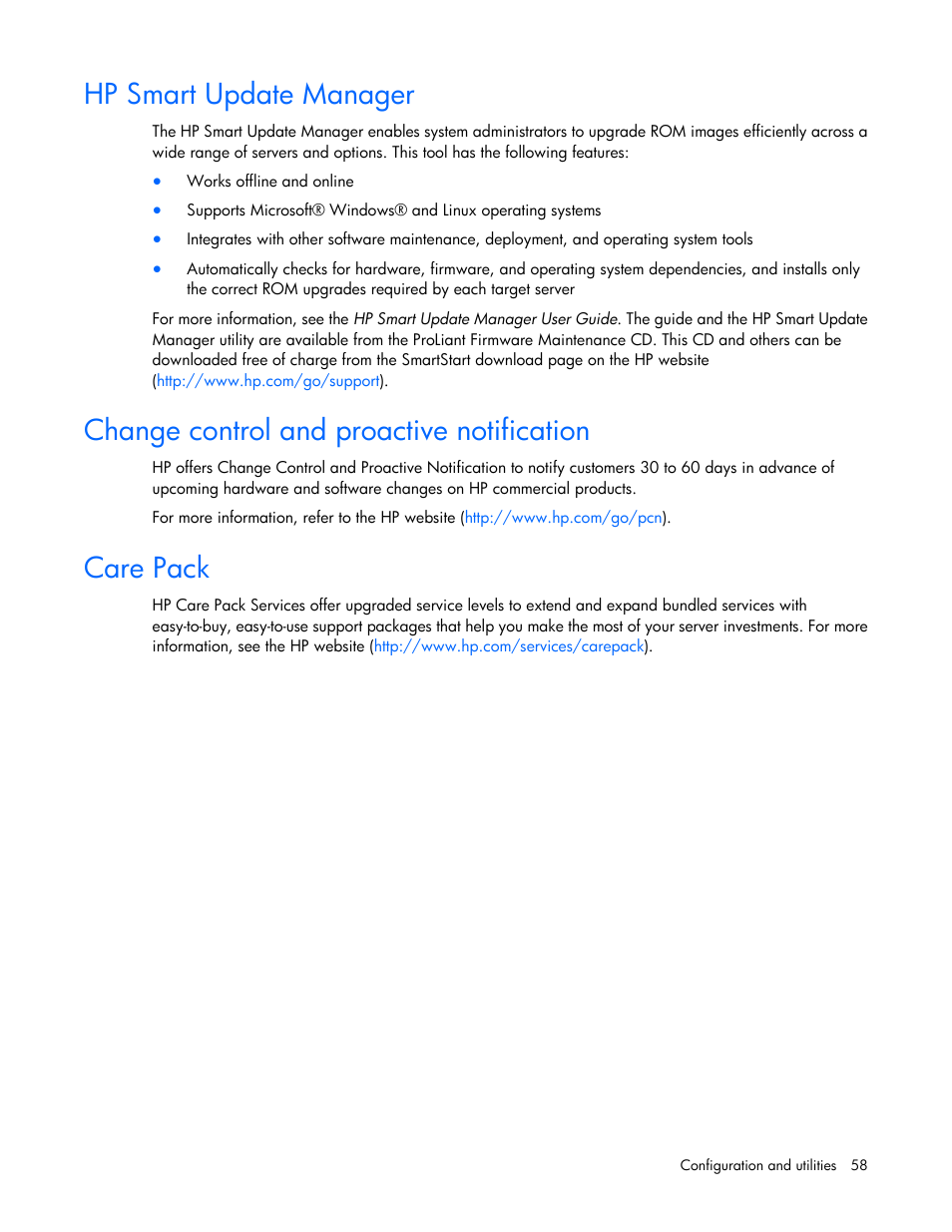 Hp smart update manager, Change control and proactive notification, Care pack | HP ProLiant BL490c G6 Server-Blade User Manual | Page 58 / 100