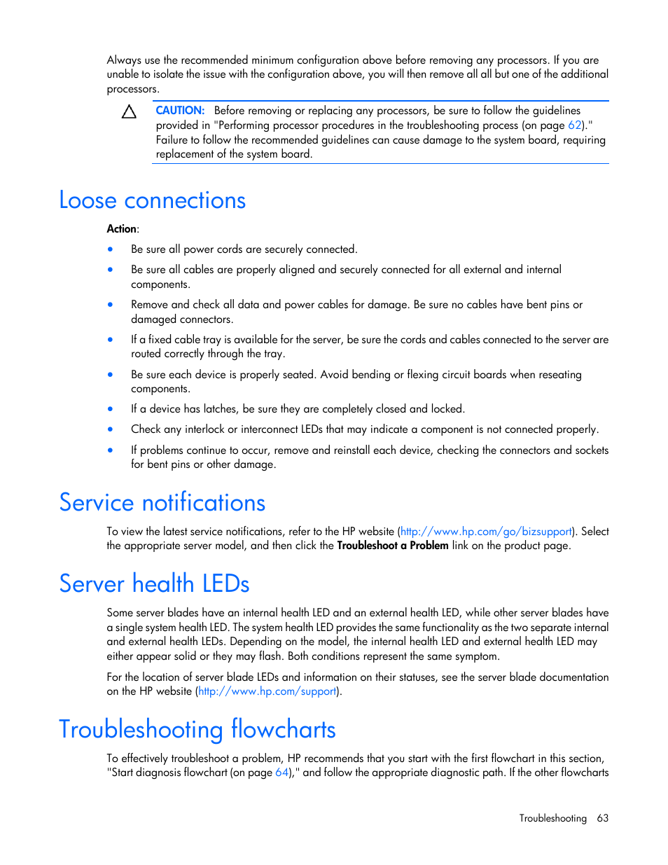 Loose connections, Service notifications, Server health leds | Troubleshooting flowcharts | HP ProLiant BL490c G6 Server-Blade User Manual | Page 63 / 100