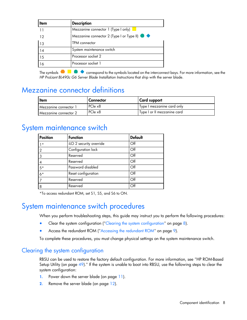 Mezzanine connector definitions, System maintenance switch, System maintenance switch procedures | Clearing the system configuration | HP ProLiant BL490c G6 Server-Blade User Manual | Page 8 / 100