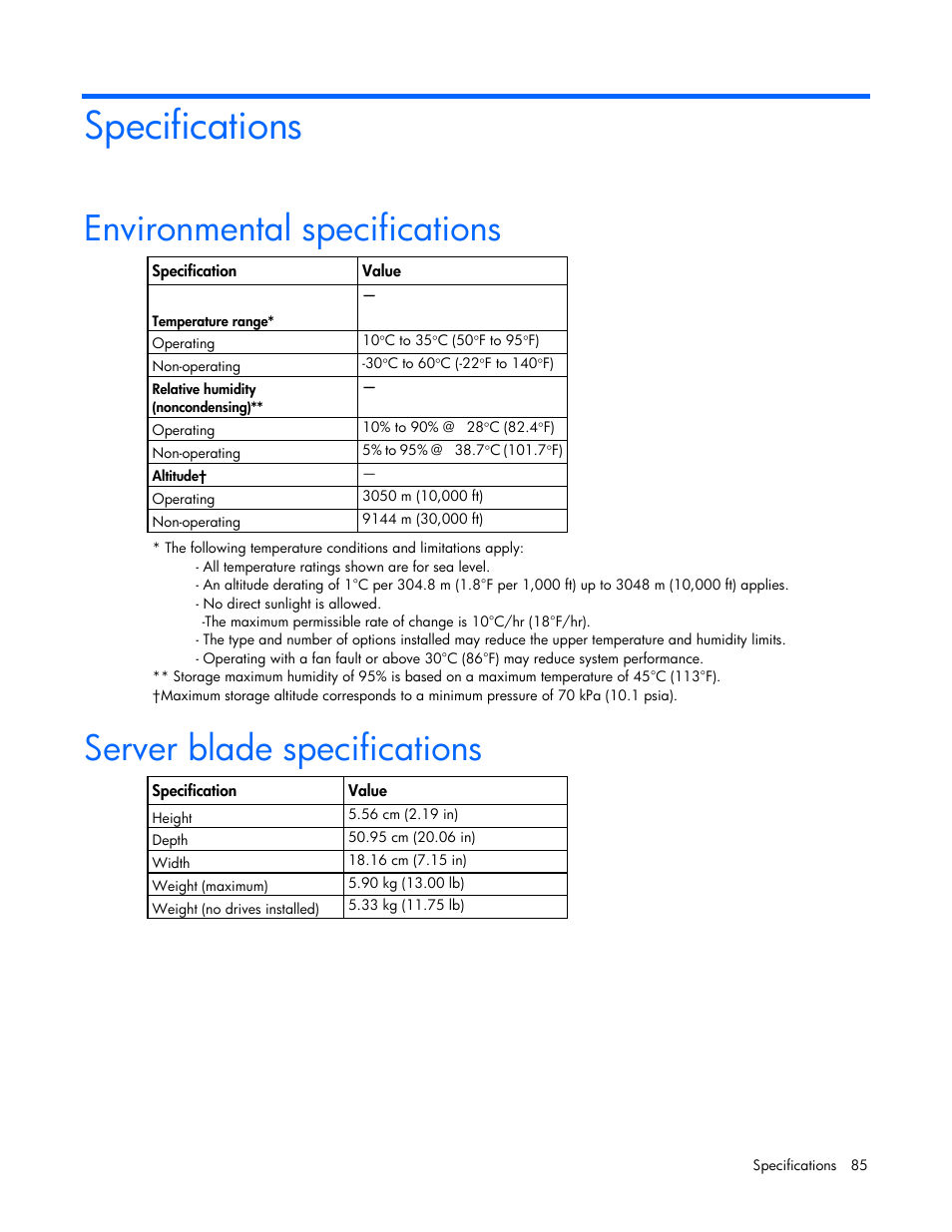 Specifications, Environmental specifications, Server blade specifications | HP ProLiant BL490c G6 Server-Blade User Manual | Page 85 / 100