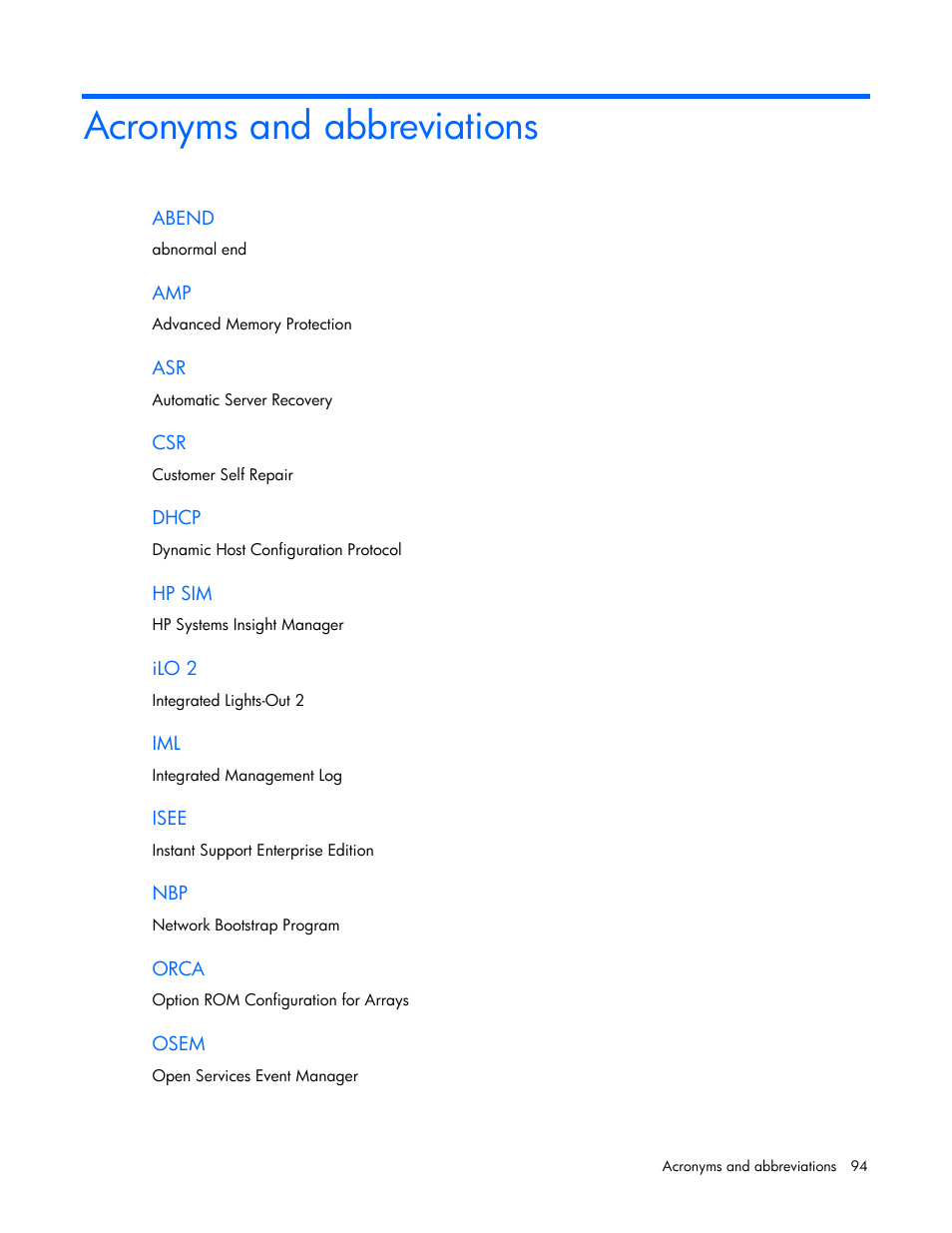 Acronyms and abbreviations | HP ProLiant BL490c G6 Server-Blade User Manual | Page 94 / 100