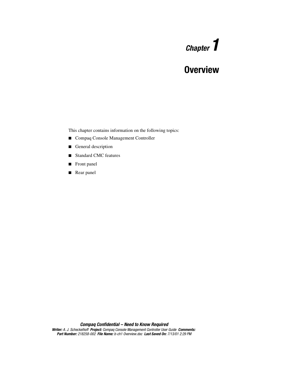Chapter 1: overview, Chapter, Overview | HP Console Management Controller User Manual | Page 11 / 108