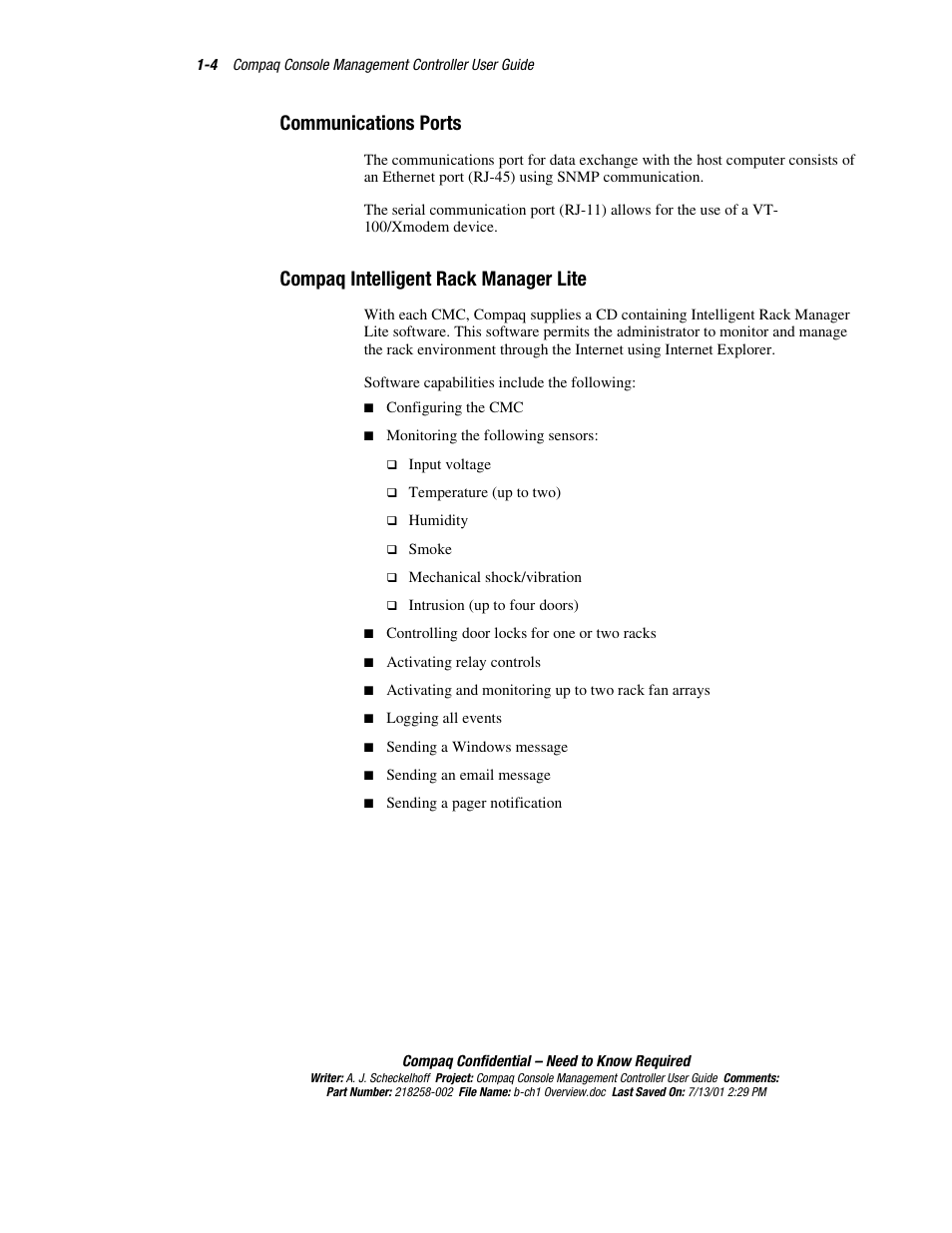 Communications ports, Compaq intelligent rack manager lite | HP Console Management Controller User Manual | Page 14 / 108