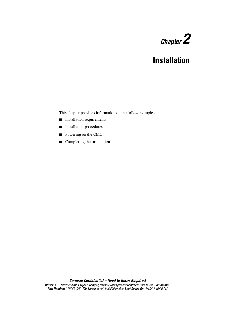 Chapter 2: installation, Chapter, Installation | HP Console Management Controller User Manual | Page 19 / 108