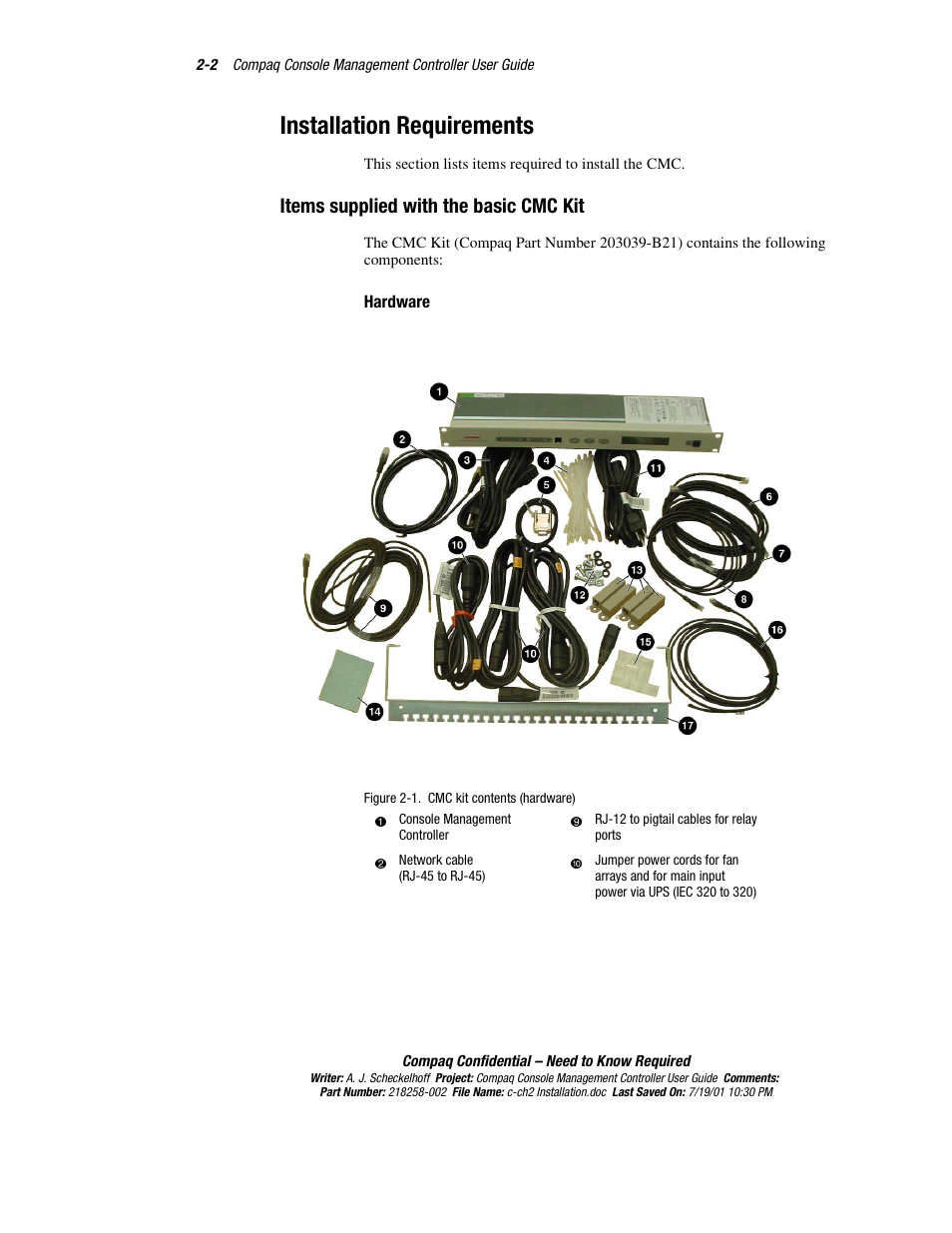 Installation requirements, Items supplied with the basic cmc kit, Hardware | Installation requirements -2, Items supplied with the basic cmc kit -2 | HP Console Management Controller User Manual | Page 20 / 108