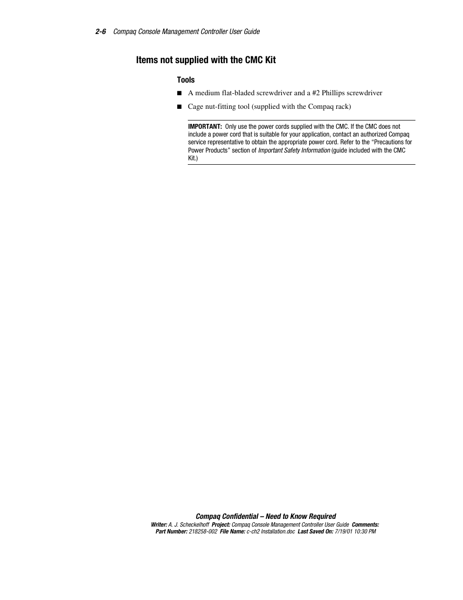 Items not supplied with the cmc kit, Tools, Items not supplied with the cmc kit -6 | HP Console Management Controller User Manual | Page 24 / 108