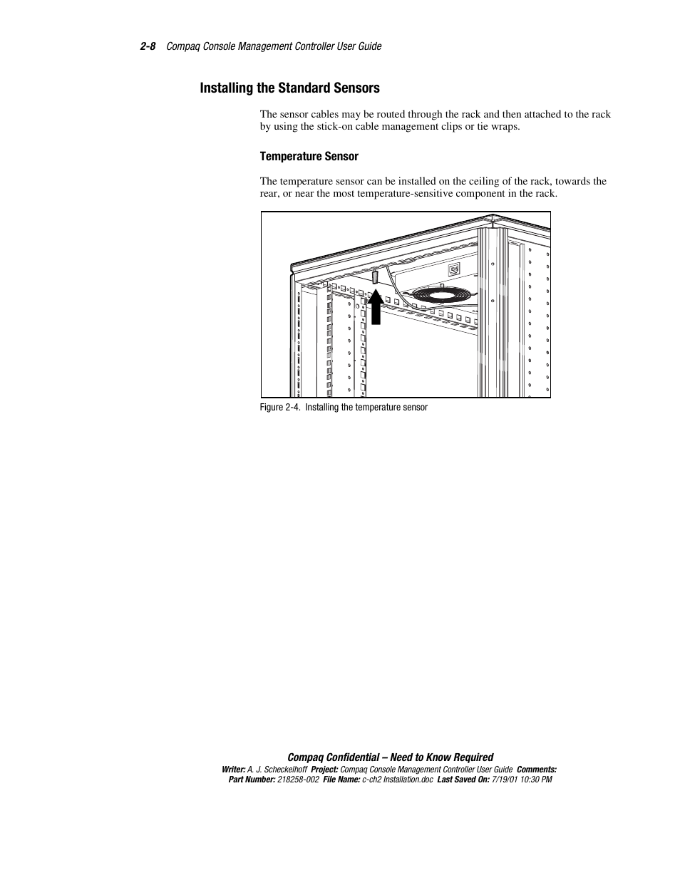 Installing the standard sensors, Temperature sensor, Installing the standard sensors -8 | HP Console Management Controller User Manual | Page 26 / 108