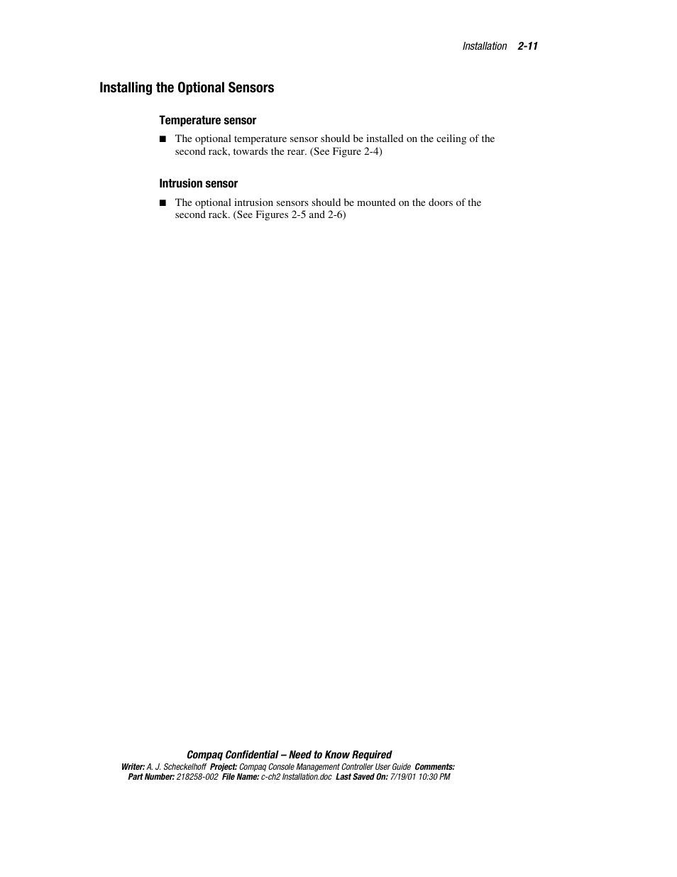 Installing the optional sensors, Temperature sensor, Intrusion sensor | HP Console Management Controller User Manual | Page 29 / 108