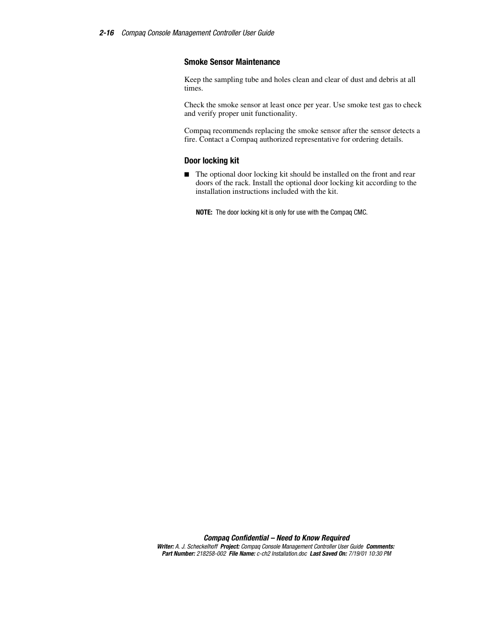 Smoke sensor maintenance, Door locking kit | HP Console Management Controller User Manual | Page 34 / 108