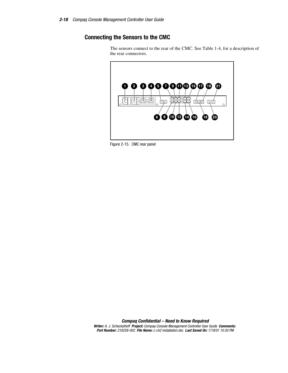 Connecting the sensors to the cmc, Connecting the sensors to the cmc -18 | HP Console Management Controller User Manual | Page 36 / 108