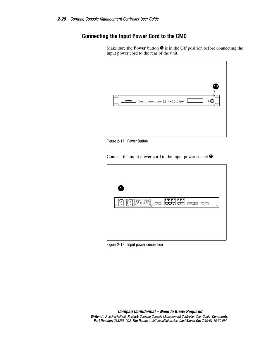 Connecting the input power cord to the cmc, Connecting the input power cord to the cmc -20 | HP Console Management Controller User Manual | Page 38 / 108