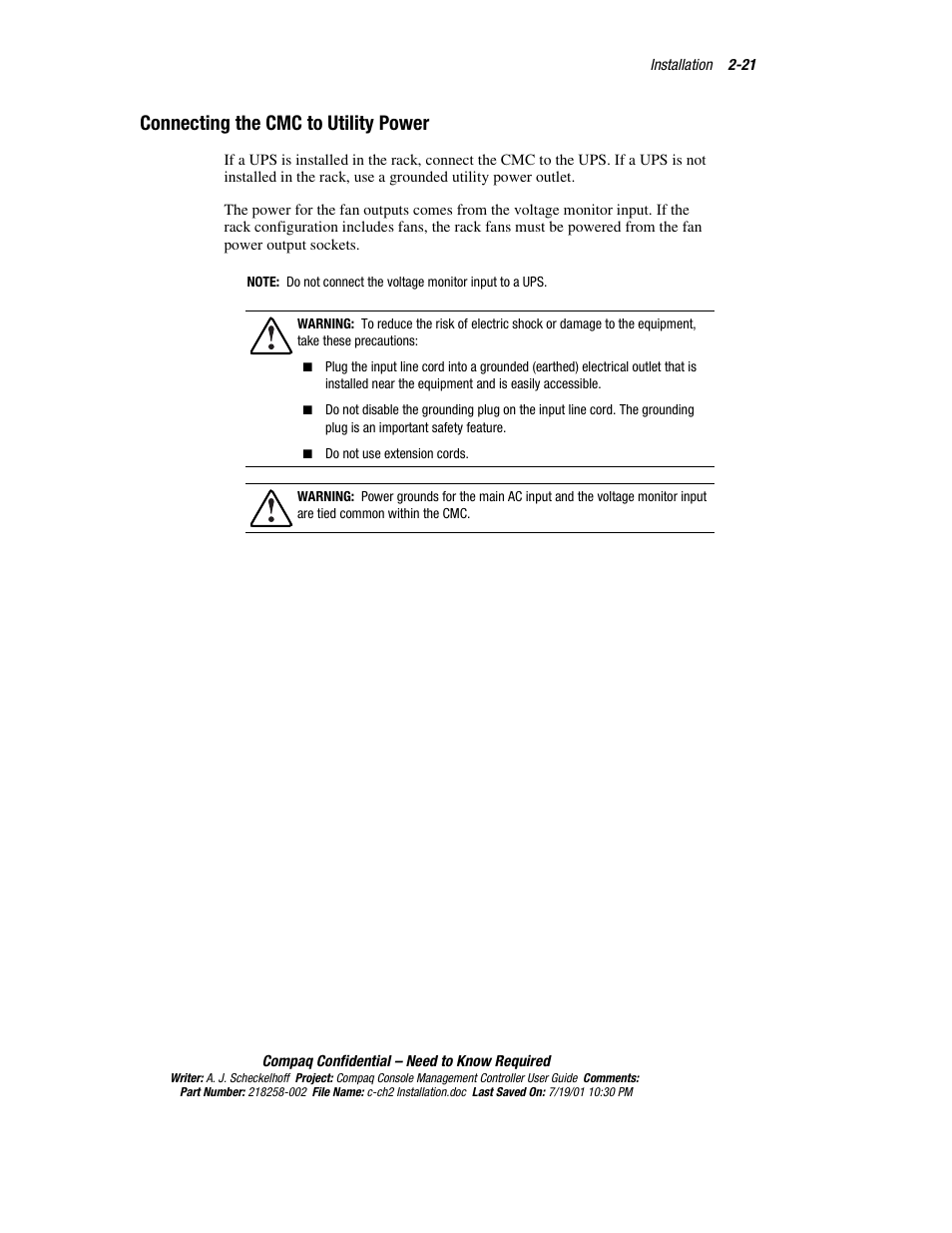 Connecting the cmc to utility power, Connecting the cmc to utility power -21 | HP Console Management Controller User Manual | Page 39 / 108