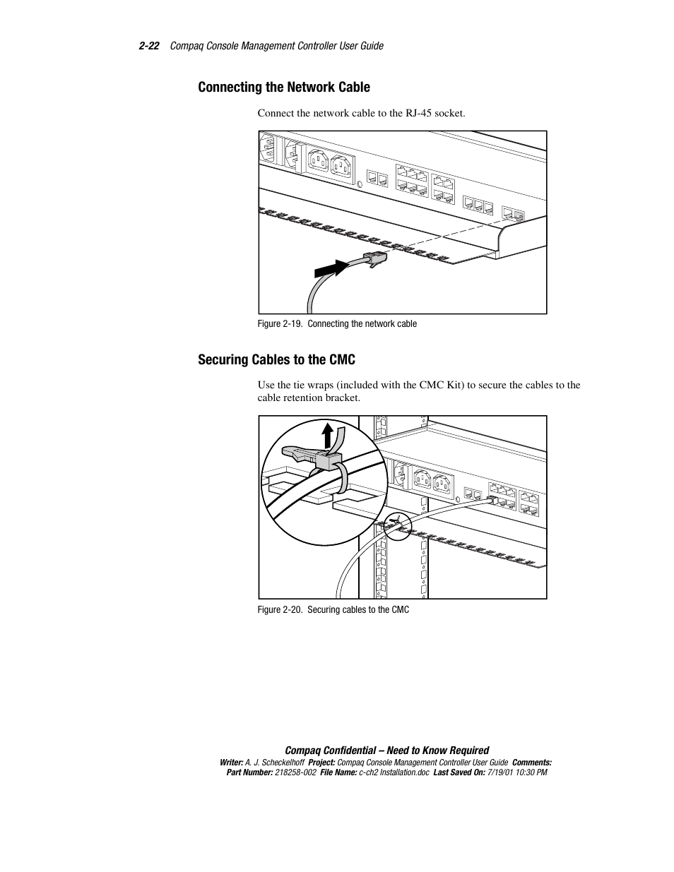Connecting the network cable, Securing cables to the cmc | HP Console Management Controller User Manual | Page 40 / 108