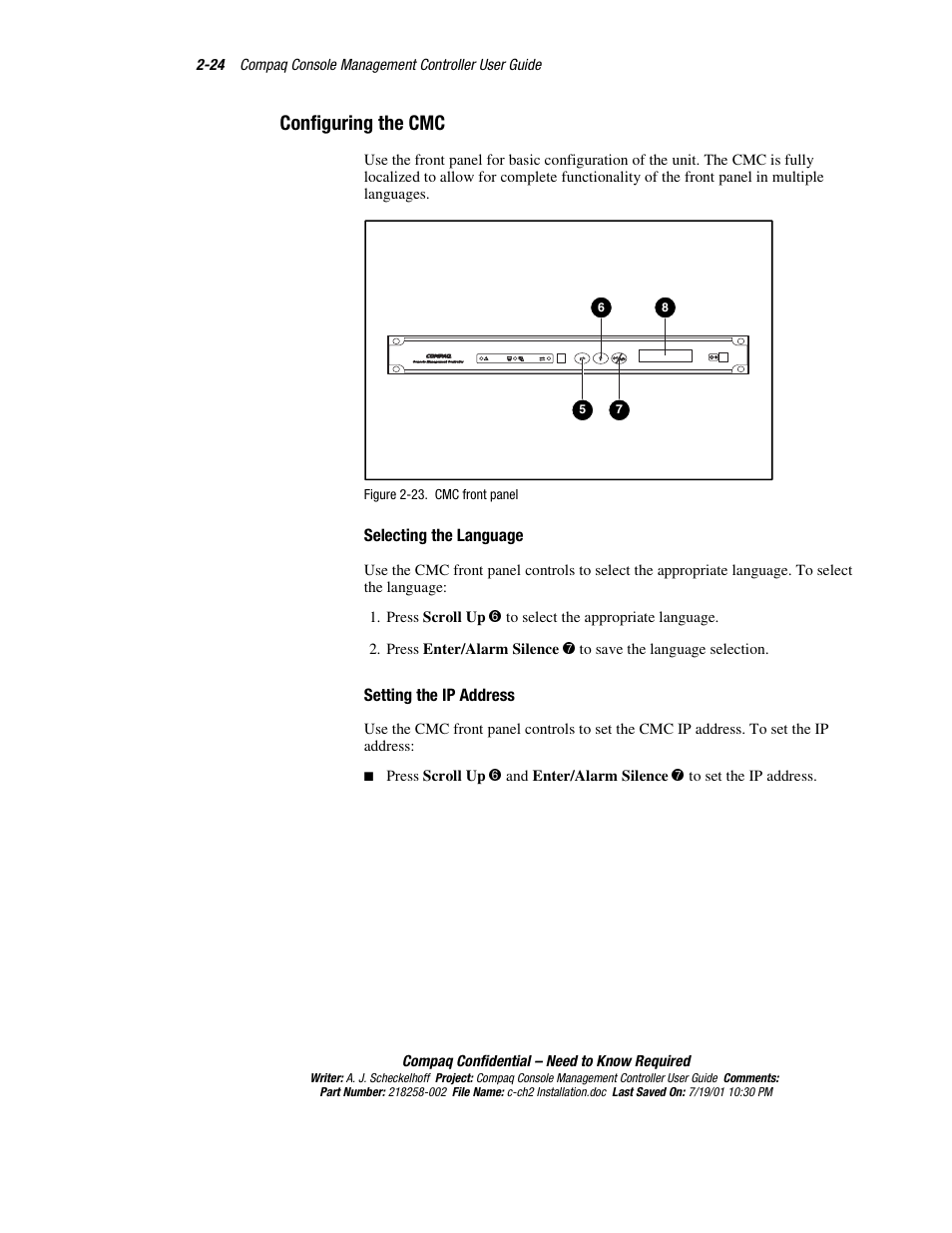 Configuring the cmc, Selecting the language, Setting the ip address | Configuring the cmc -24 | HP Console Management Controller User Manual | Page 42 / 108
