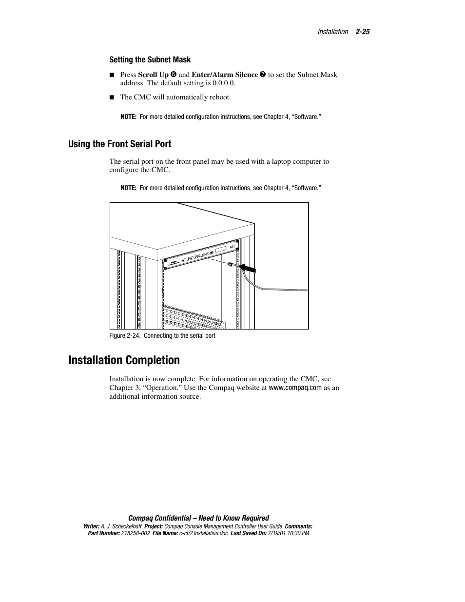 Setting the subnet mask, Using the front serial port, Installation completion | Using the front serial port -25, Installation completion -25 | HP Console Management Controller User Manual | Page 43 / 108