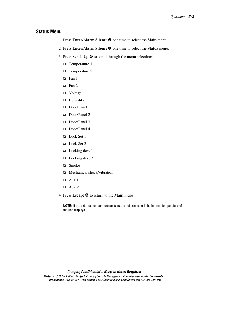 Status menu, Status menu -3 | HP Console Management Controller User Manual | Page 46 / 108