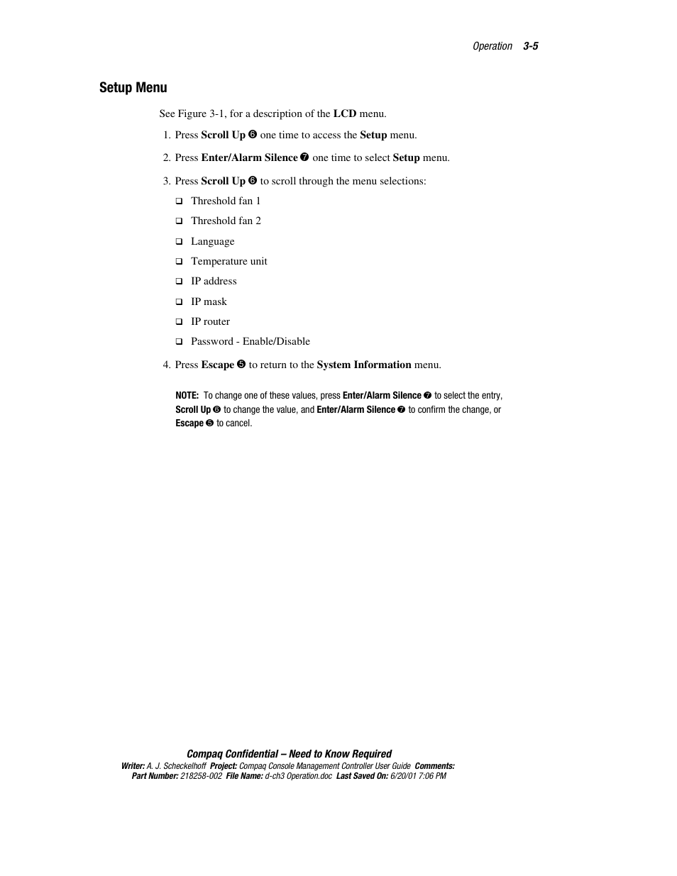 Setup menu, Setup menu -5 | HP Console Management Controller User Manual | Page 48 / 108