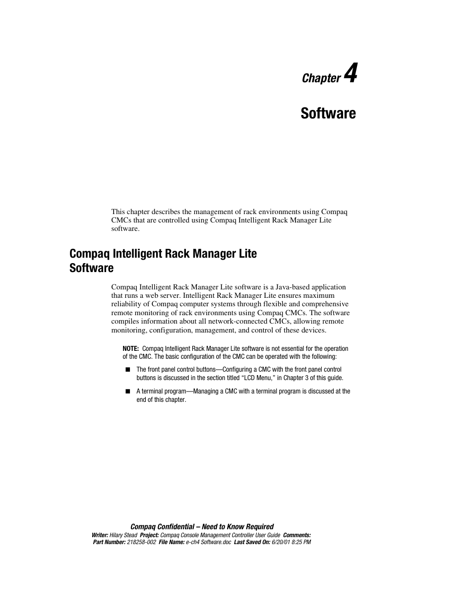 Chapter 4: software, Compaq intelligent rack manager lite software, Chapter | Software, Compaq intelligent rack manager lite software -1 | HP Console Management Controller User Manual | Page 51 / 108