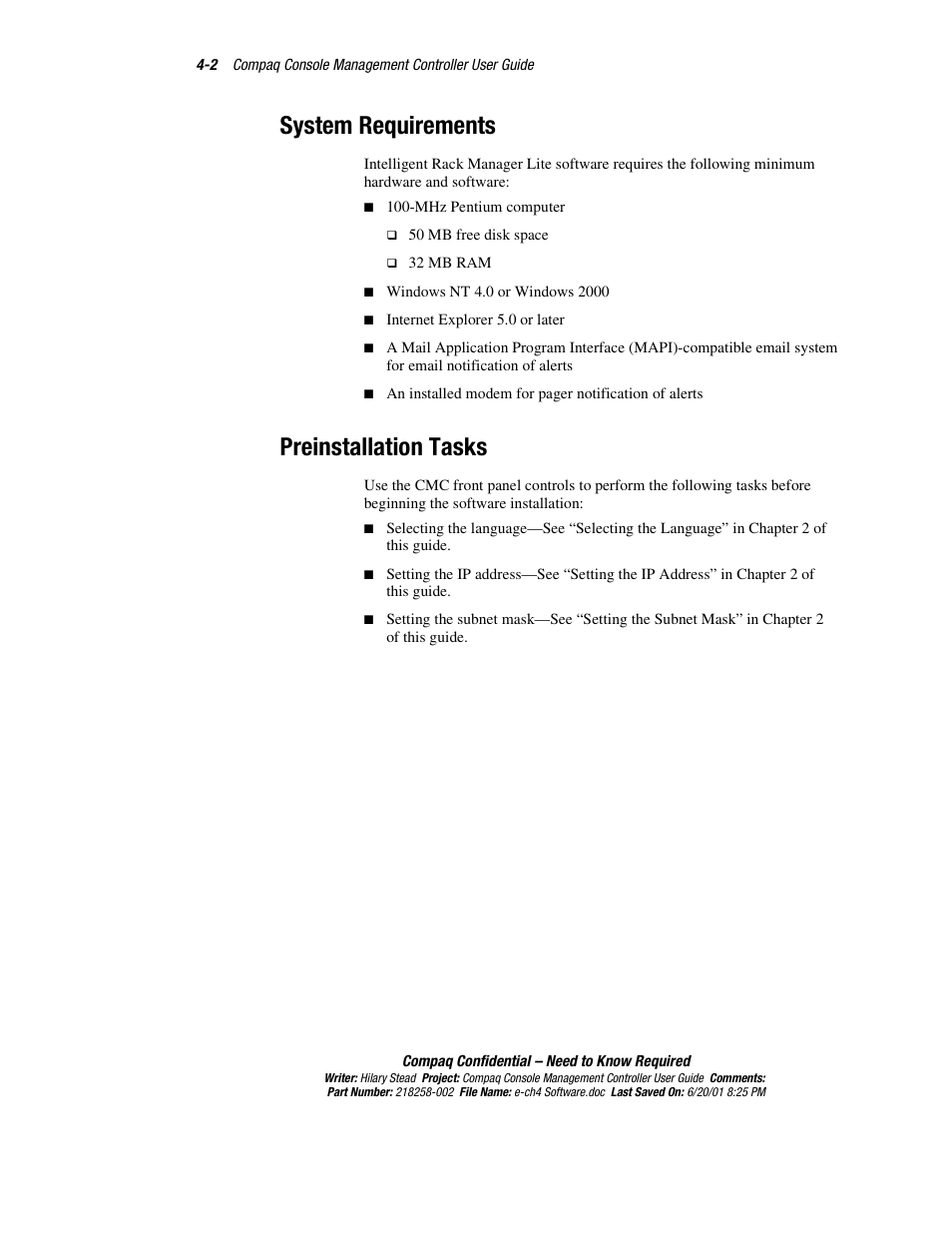System requirements, Preinstallation tasks, System requirements -2 preinstallation tasks -2 | HP Console Management Controller User Manual | Page 52 / 108