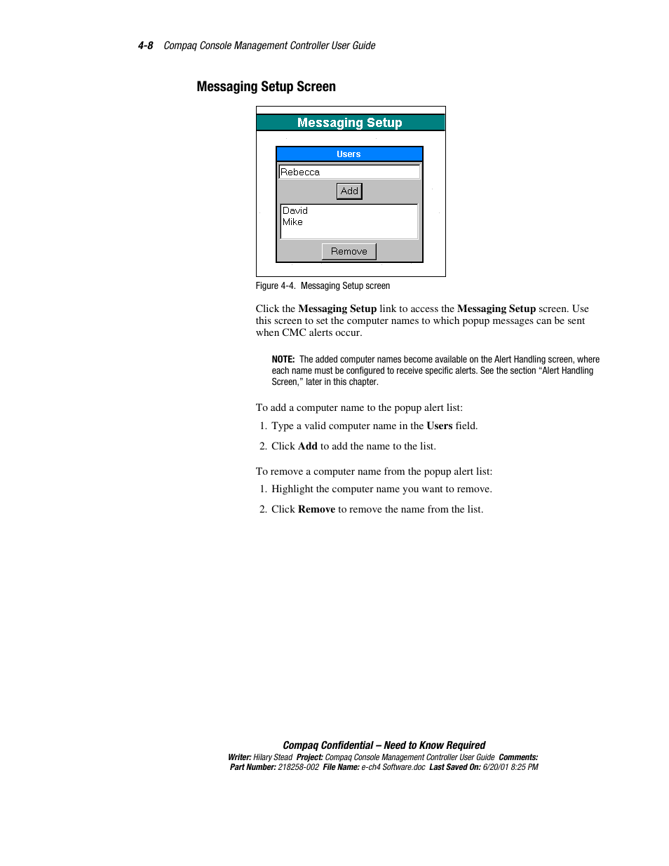 Messaging setup screen, Messaging setup screen -8 | HP Console Management Controller User Manual | Page 58 / 108