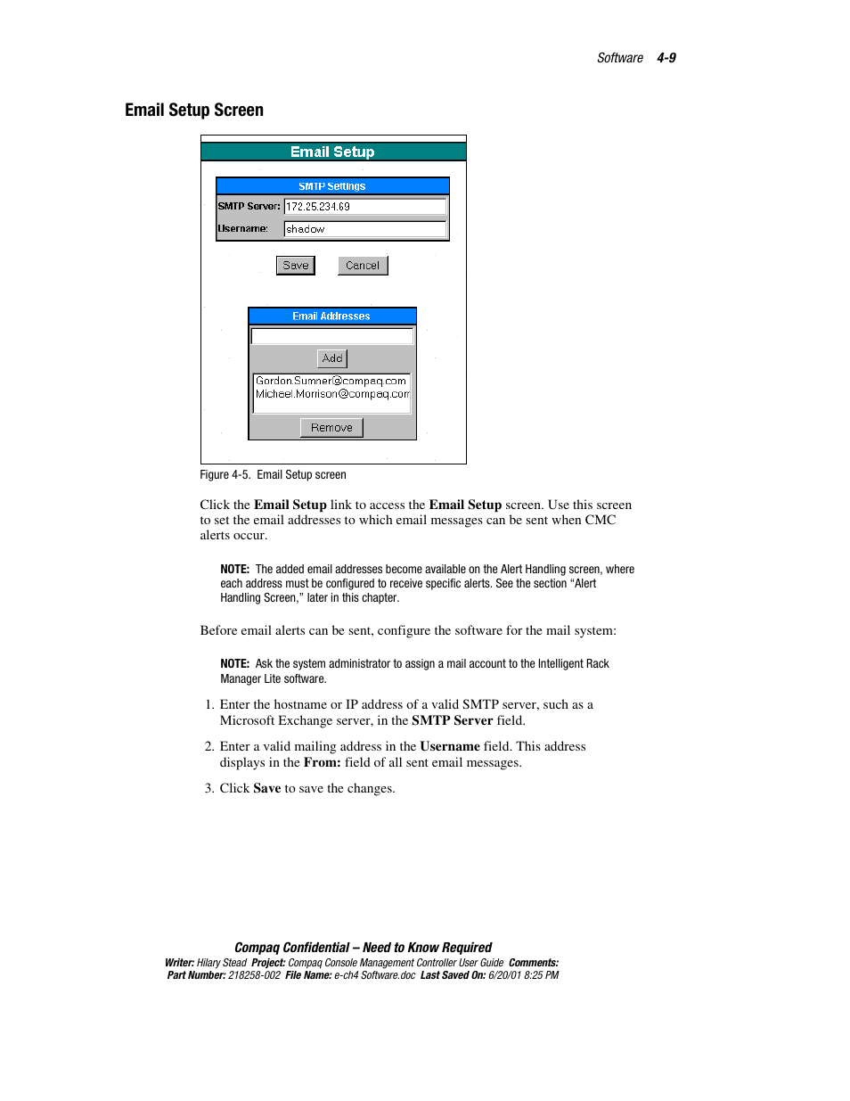 Email setup screen, Email setup screen -9 | HP Console Management Controller User Manual | Page 59 / 108
