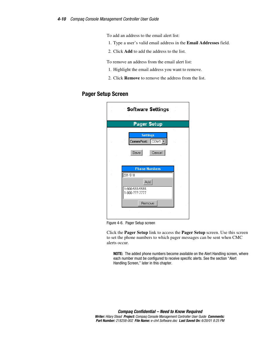 Pager setup screen | HP Console Management Controller User Manual | Page 60 / 108