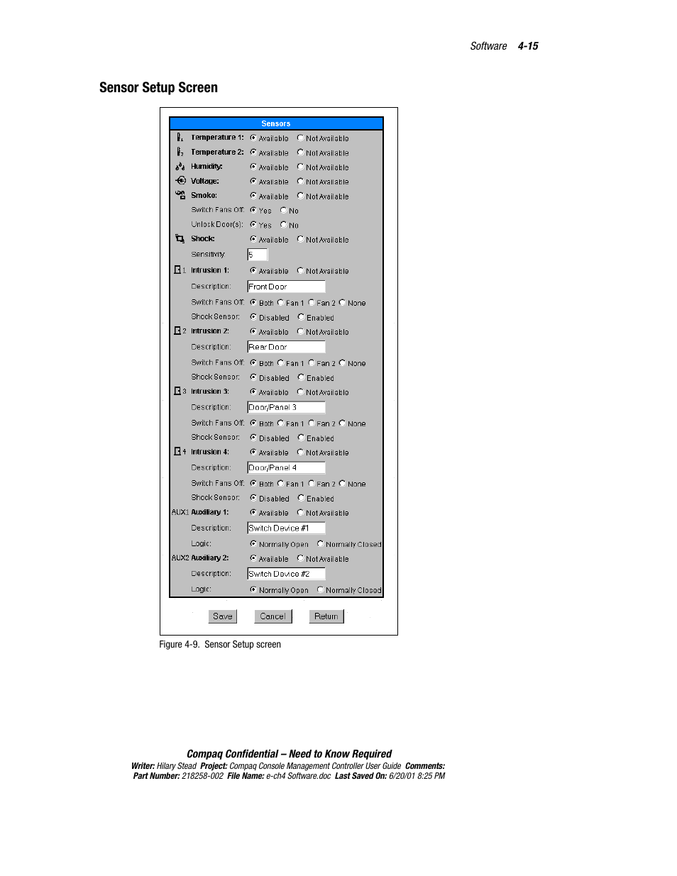 Sensor setup screen, Sensor setup screen -15 | HP Console Management Controller User Manual | Page 65 / 108