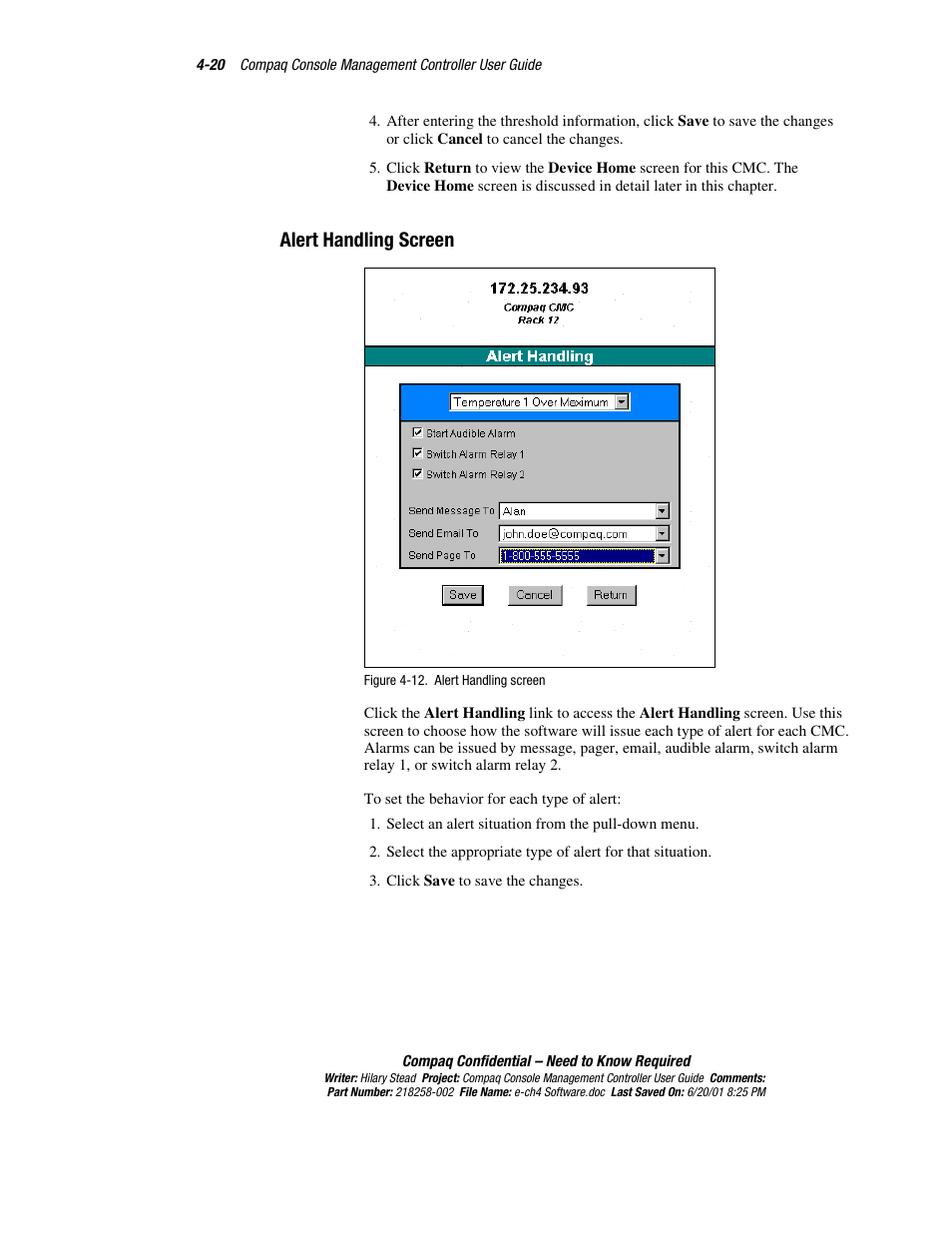 Alert handling screen, Manual control screen -20 | HP Console Management Controller User Manual | Page 70 / 108