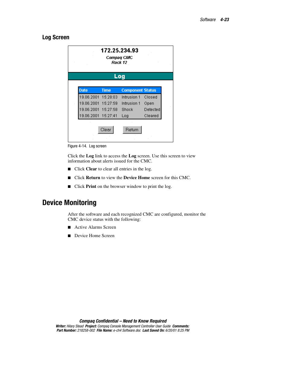 Log screen, Device monitoring, Active alarms screen -23 | HP Console Management Controller User Manual | Page 73 / 108