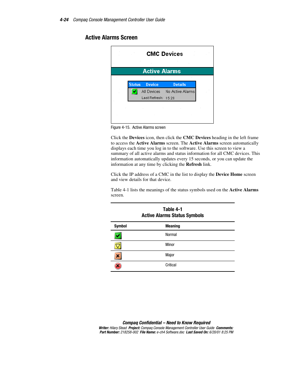 Active alarms screen, Device home screen -24 | HP Console Management Controller User Manual | Page 74 / 108