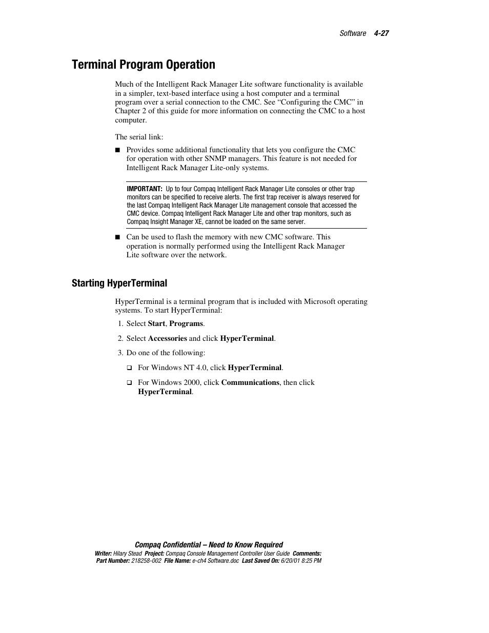 Terminal program operation, Starting hyperterminal, Navigating menus -27 | HP Console Management Controller User Manual | Page 77 / 108