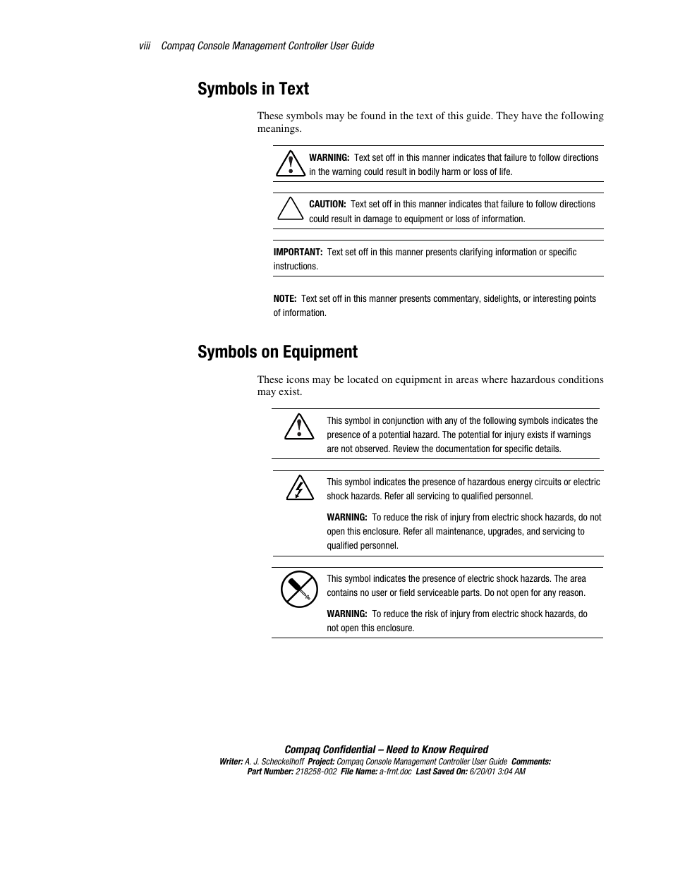 Symbols in text, Symbols on equipment | HP Console Management Controller User Manual | Page 8 / 108
