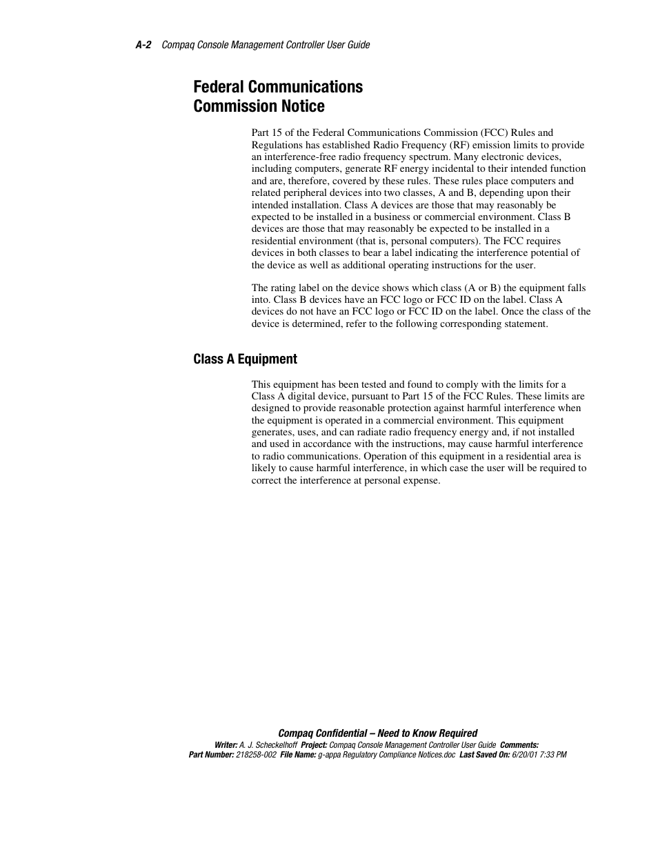 Federal communications commission notice, Class a equipment | HP Console Management Controller User Manual | Page 89 / 108