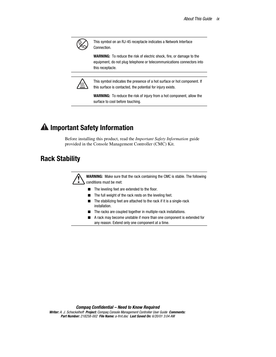 Rack stability, Important safety information | HP Console Management Controller User Manual | Page 9 / 108