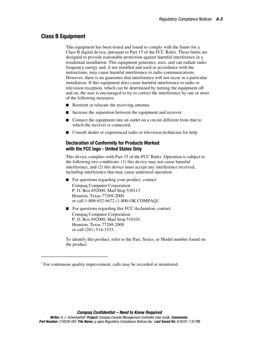 Class b equipment | HP Console Management Controller User Manual | Page 90 / 108