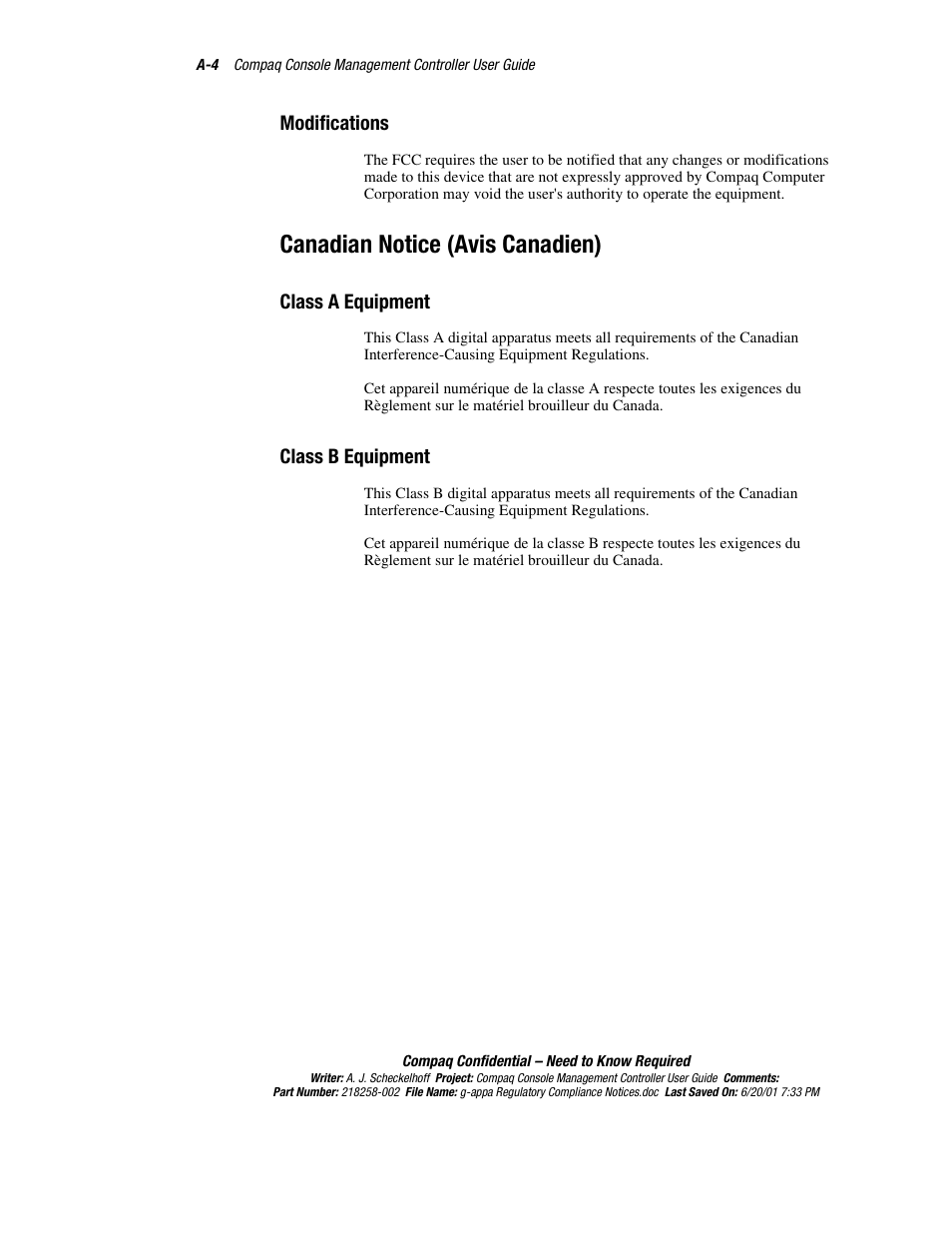 Modifications, Canadian notice (avis canadien), Class a equipment | Class b equipment | HP Console Management Controller User Manual | Page 91 / 108