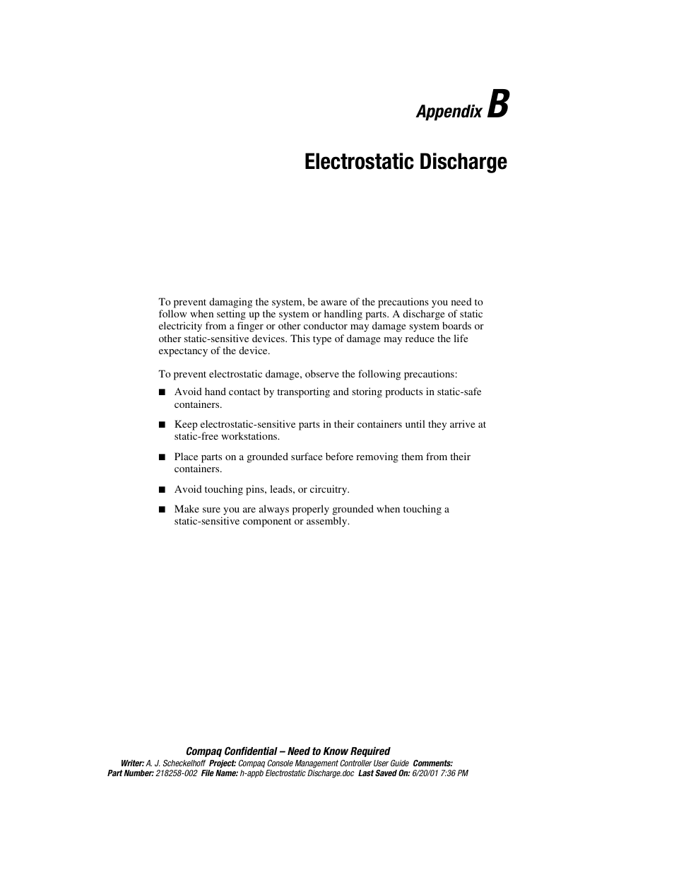 Appendix b: electrostatic discharge, Appendix, Electrostatic discharge | HP Console Management Controller User Manual | Page 93 / 108