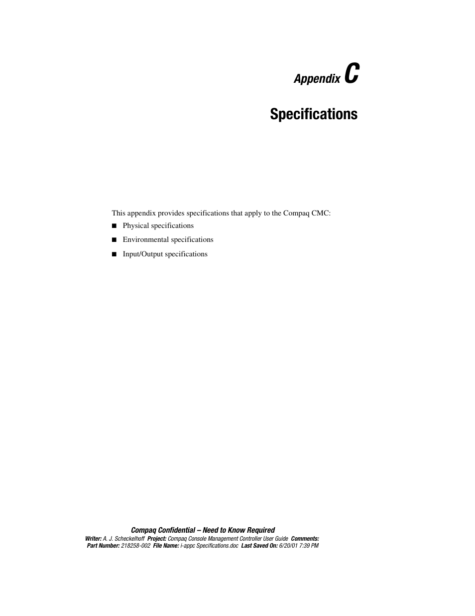 Appendix c: specifications, Appendix, Specifications | HP Console Management Controller User Manual | Page 95 / 108