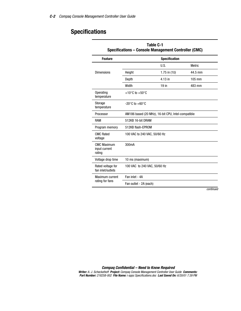 Specifications | HP Console Management Controller User Manual | Page 96 / 108