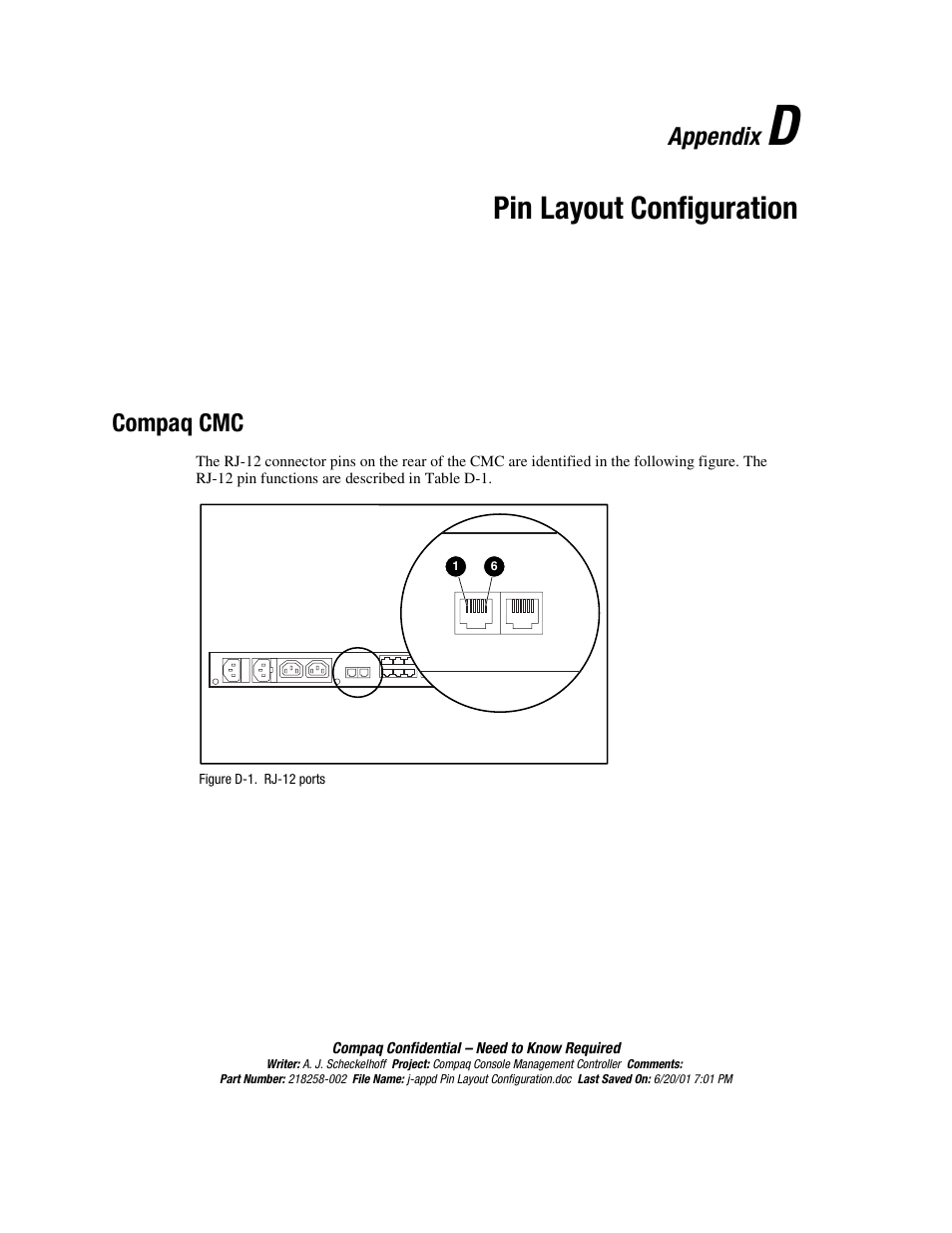 Appendix d: pin layout configuration, Compaq cmc, Appendix | Pin layout configuration | HP Console Management Controller User Manual | Page 98 / 108