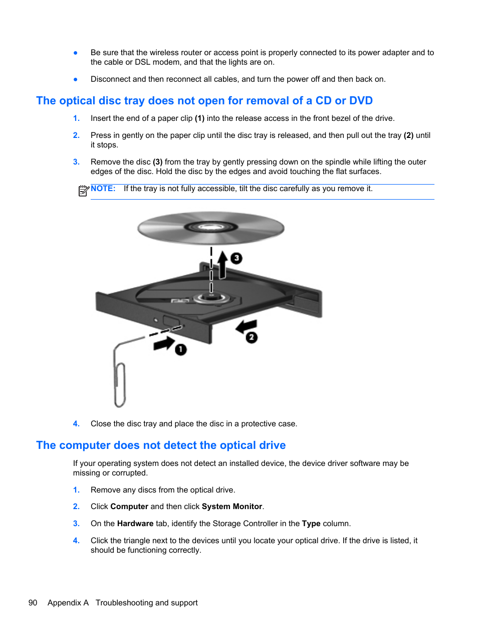 The computer does not detect the optical drive | HP EliteBook 8470w Mobile Workstation User Manual | Page 100 / 113
